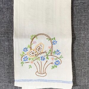 Vintage Hand Embroidered Floral Tea Towel With Butterfly Design Kitchen Decor
